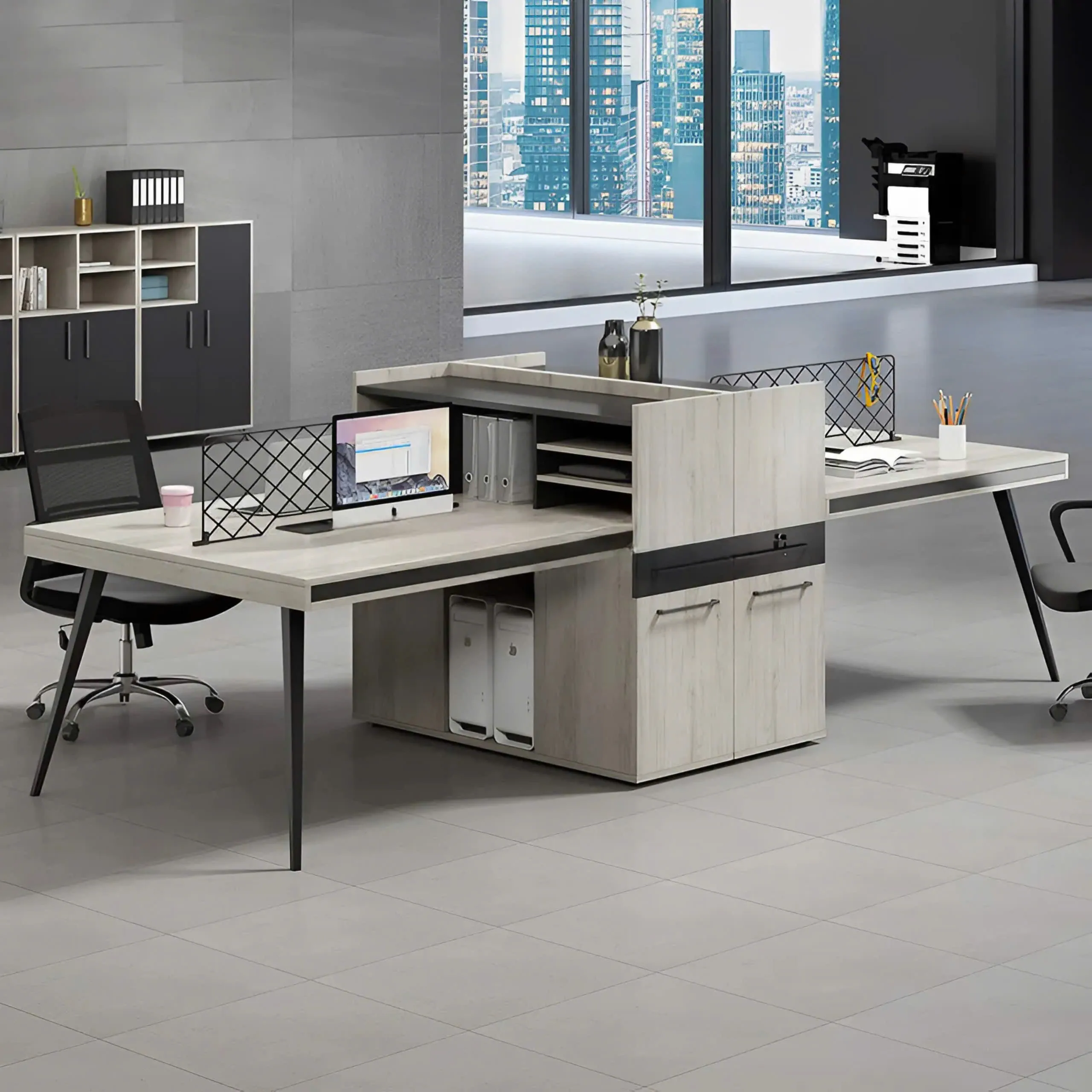 Cụm Bàn Làm Việc 4 Người Kèm Kệ Trung Tâm Tiện Lợi Tối Giản - BC86