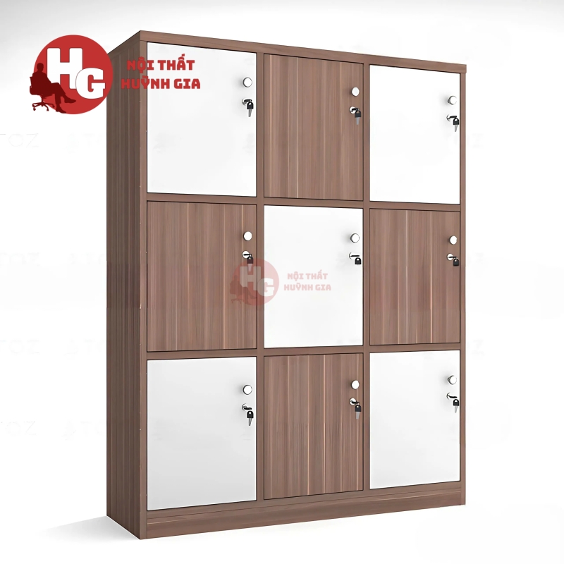 Tủ Gỗ Locker 9 Ngăn Kẻ Caro Nâu Trắng - TLK8